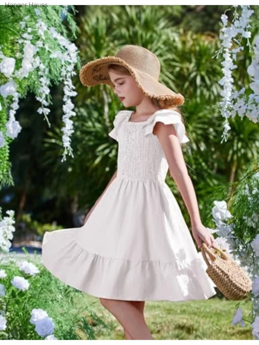 Girls Ruffle Sleeve Off Shoulder Sundress Pockets Summer Casual